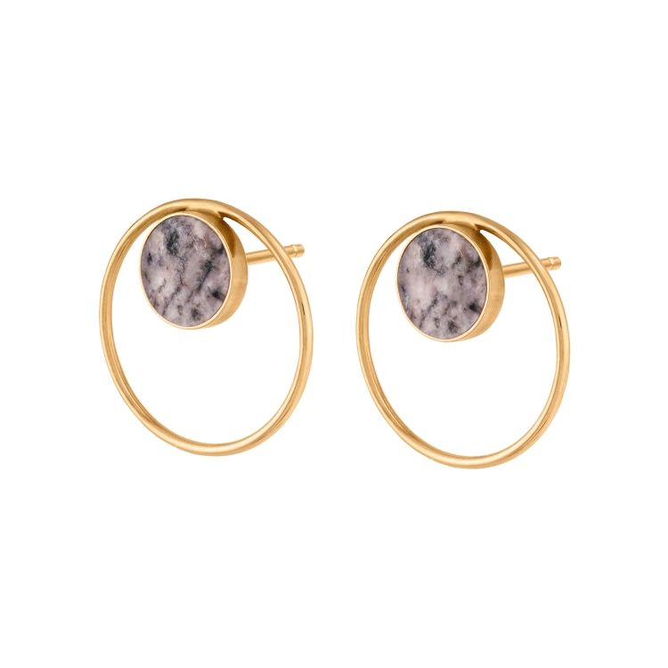Gold circle stud earrings with soft pink stone