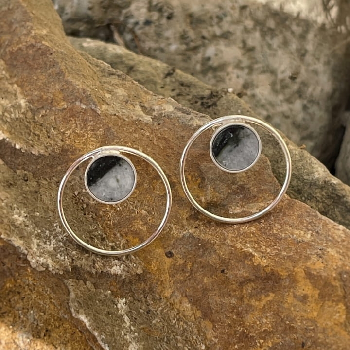 Geometric silver circle earrings with abstract gray dolomite Picasso