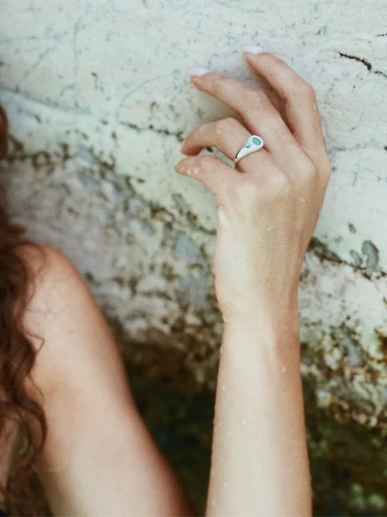 Women’s jewelry – silver signet ring with unique turquoise chrysoprase.