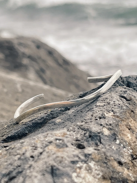 Wave-inspired sterling silver bracelet, close-up detail