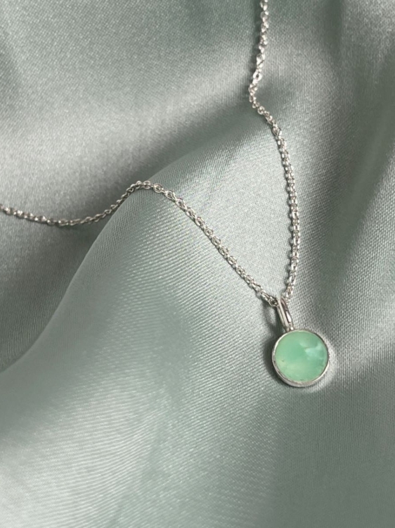 Minimalist silver chain with natural chrysoprase charm