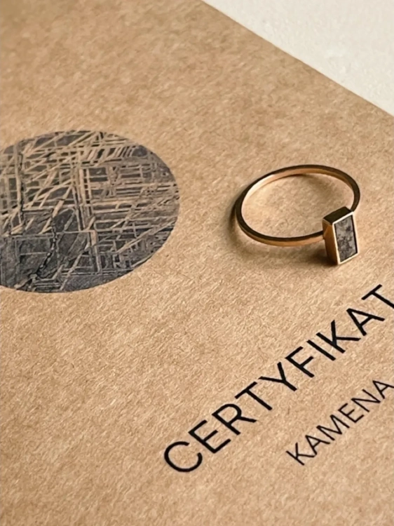 Rectangular meteorite ring made of 585 rose gold, highlighting the natural structure of the cosmic stone.