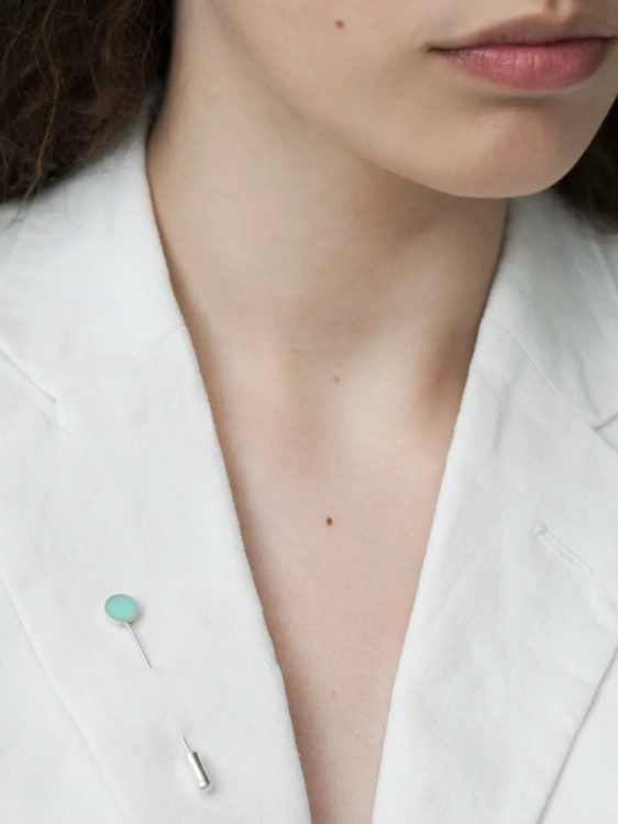 Minimalist silver lapel pin with mint green chrysoprase