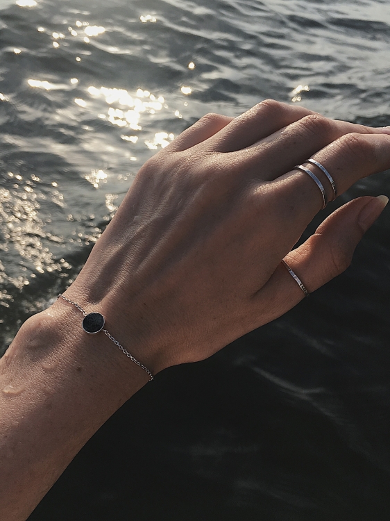 Minimalist silver bracelet with abstract gray dolomite Picasso stone