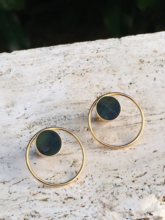 Gold plated sterling silver hoop earrings with dark green nephrite gemstone – modern circle earrings