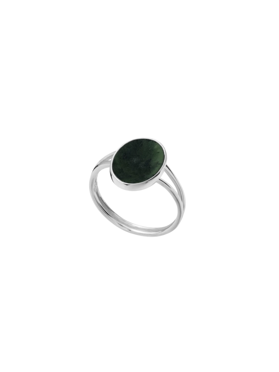 Silver ring with an oval green nephrite stone crafted in the Tricity studio.