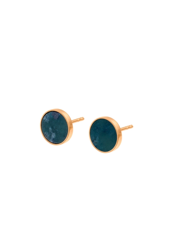 Gold stud earrings with natural green nephrite stone