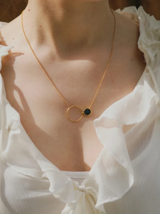 Delicate gold-plated sterling silver necklace with circle pendant and natural nephrite